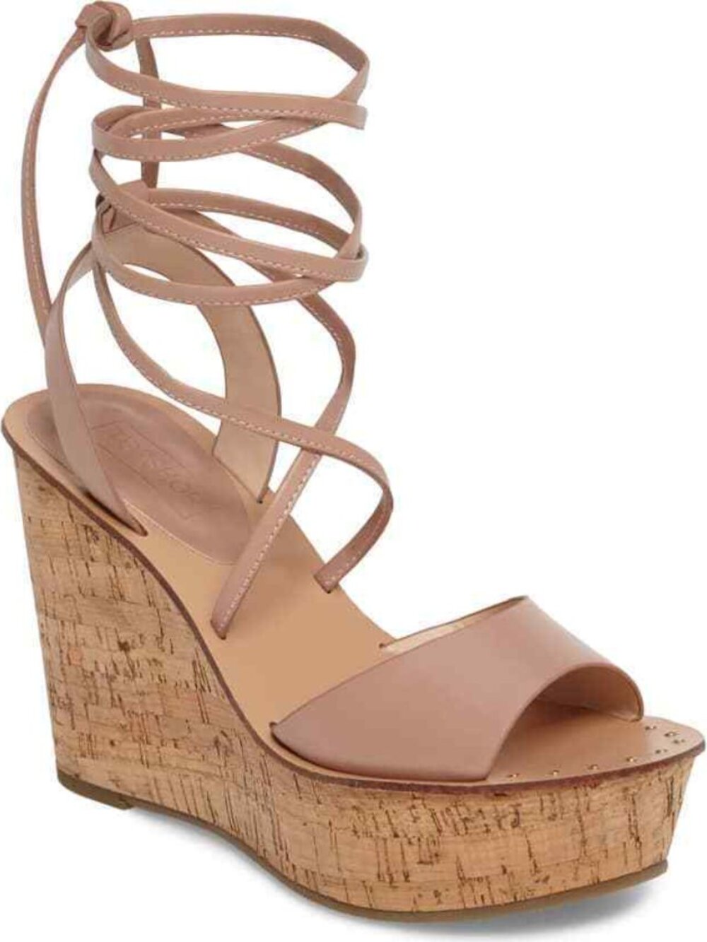 Topshop Blush Pink Leather Ankle Wrap Cork Wedge Sandals 39 EU NEW